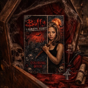 Op de afbeelding: Een Buffy the Vampire Slayer kleurboek wordt getoond in een houten kist. De cover toont een vrouw met een mes, met de titel en een spookachtige begraafplaats. Schedels, een kruis en een rol zijn ook zichtbaar.