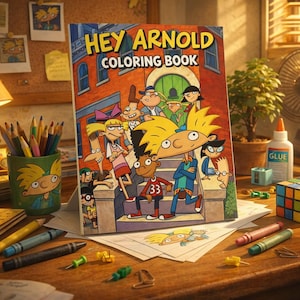 May include: A "Hey Arnold" coloring book is propped up on a wooden desk, featuring a colorful illustration of the cartoon characters. Colored pencils, crayons, and a cup with Arnold's face are also on the desk, along with a small plant and glue.