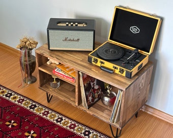 Record Player Table, Retro Style Large Turntable Stand, Solid Wood Record Player Stand, Mid Century Modern Vinyl Record Storage