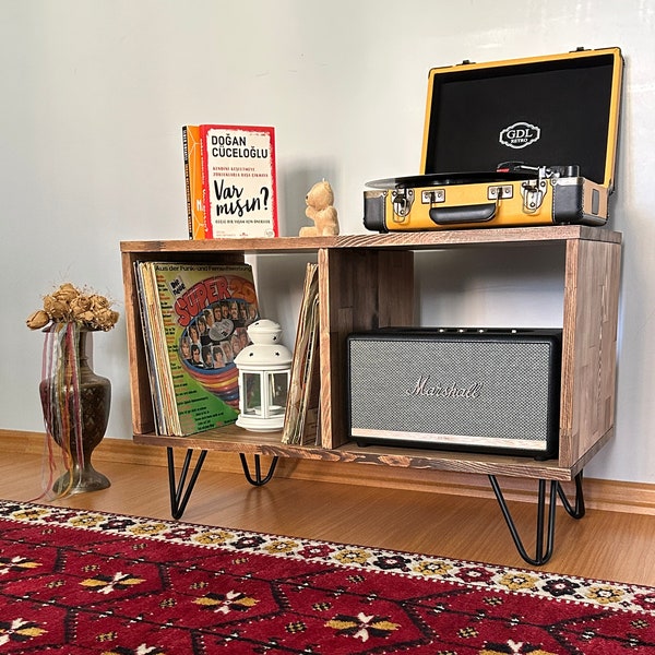 Unique Birch Wood Record Player Stand, Retro Home Decoration,Vinyl Record Stand, Record Turntable Station, LP Storage, Vinyl Record Display