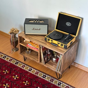 Record Player Table, Retro Style Large Turntable Stand, Solid Wood Record Player Stand, Mid Century Modern Vinyl Record Storage