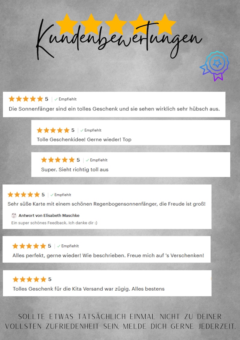 May include: A gray background displays customer reviews with five gold stars and the German text Kundenbewertungen at the top. Several white rectangular boxes contain five-star ratings, the word Empfiehlt, and German customer feedback comments.