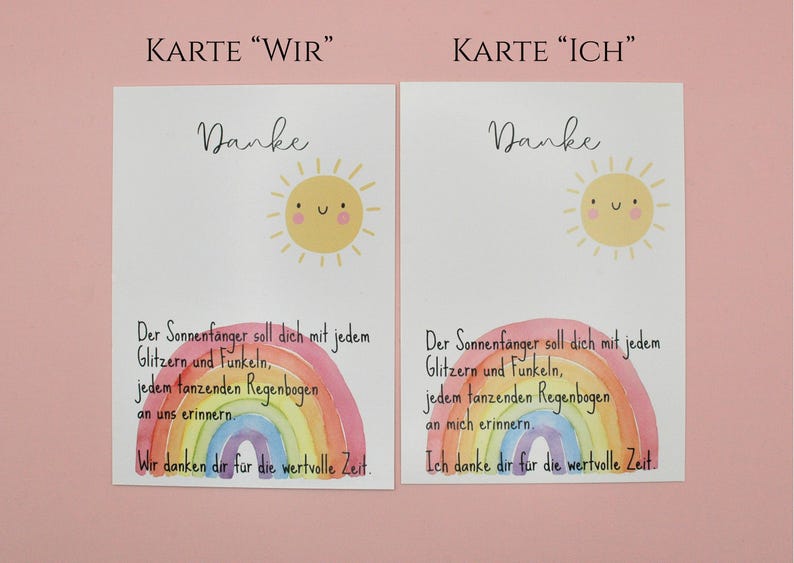 May include: Two white cards with a watercolor rainbow and sun illustration. The cards have the word "Danke" at the top, with German text below. The text includes phrases like "glitter and sparkle" and "rainbow".