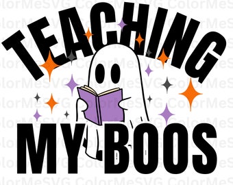 May include: Black and white graphic design with a ghost holding a purple book. The text says "TEACHING MY BOOS".