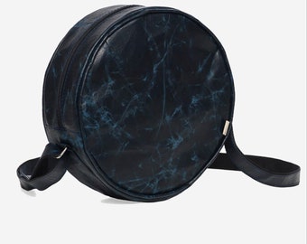 Round Vegan Leather Crossbody Bag by Tata Paper | Blue Crossbody Bag | Handmade Handbag with a Strap | Eco-Friendly Handbag