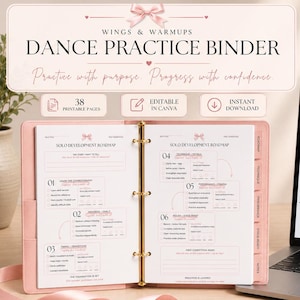 May include: A light pink three-ring binder titled Dance Practice Binder with 38 printable pages, featuring a Solo Development Roadmap. A laptop displays a matching digital cover page with a bow graphic, and a pink pen lies on the desk.