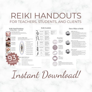 May include: Reiki Handouts for Teachers, Students, and Clients. A colourful printable guide with 93 pages of information on Reiki hand positions, symbols, and the three pillars of Reiki. The guide includes illustrations and text.