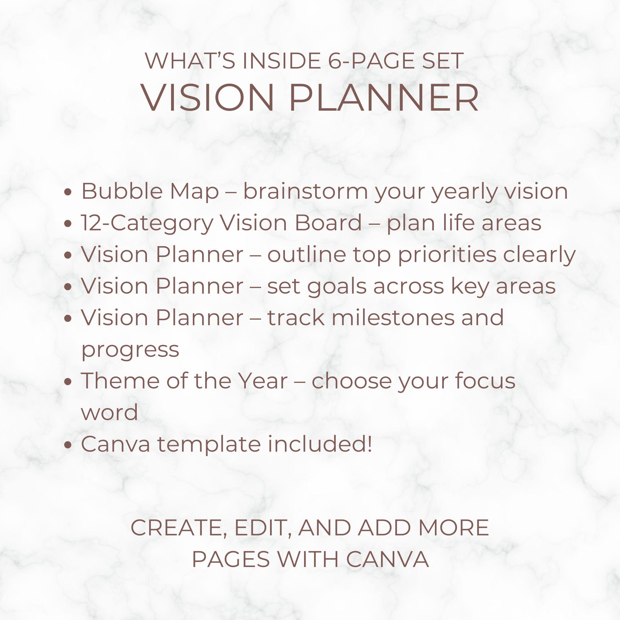 Vision Planner Printable | 6 Pages + Canva Template | Vision Board ...