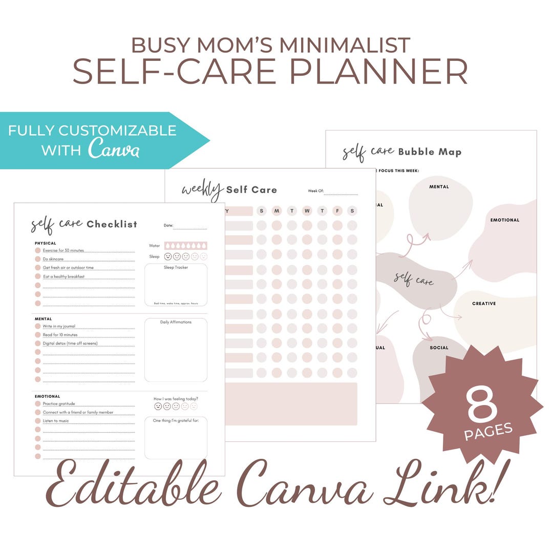 Self Care Planner Printable | 8 Pages + Canva Templates | Checklists ...
