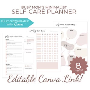 Op de afbeelding: Een minimalistische zelfzorgplanner met een zacht kleurenpalet. De planner bevat een checklist, een wekelijkse zelfzorgtracker en een bubbelkaart. De tekst "BUSY MOM'S MINIMALIST SELF-CARE PLANNER" staat bovenaan.