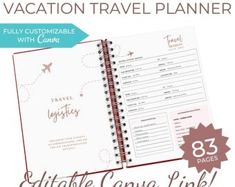 Planificador de viajes definitivo para vacaciones / Paquete imprimible para planificar viajes / Plantilla de Canva / Listas de equipaje, presupuesto, itinerario diario y listas de verificación