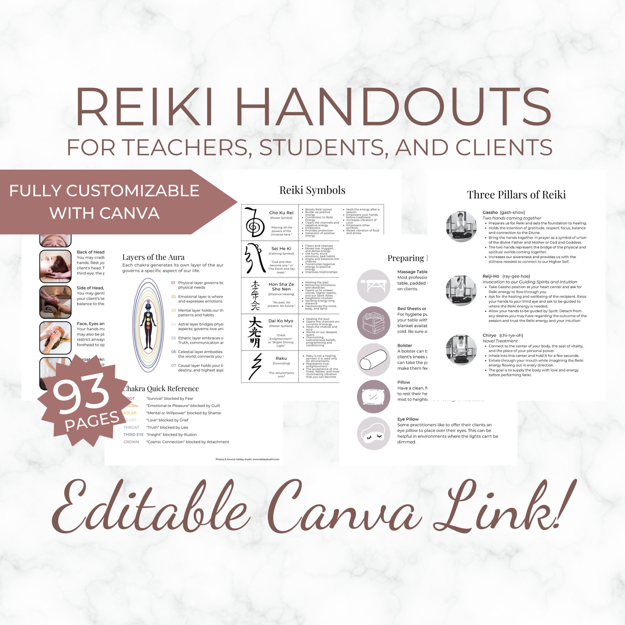 Customizable Reiki Handouts: 93-Page Training Manual (Canva Template)