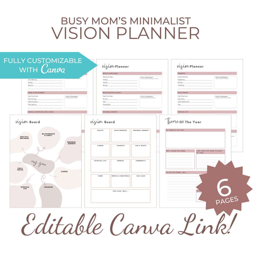 Vision Planner Printable | 6 Pages + Canva Template | Vision Board ...