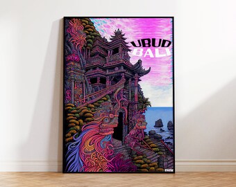 Ubud Temple Poster, Bali Travel Poster, Monkey TempleWall Art, Pagoda Digital Illustration,