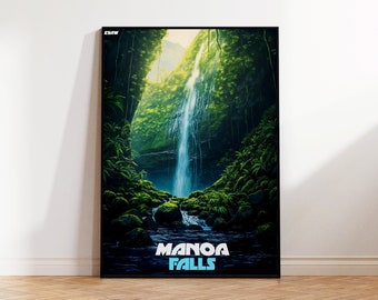 Manoa Falls Poster, Oahu Travel Poster, Honolulu Wall Art, Lush Tropical Waterfall Digital Illustration,