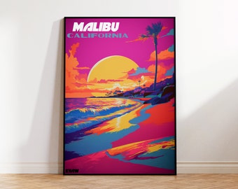 Malibu Beach Surf Poster, Travel Poster, Endless Summer Poster, Malibu Colorful Scenic, Wall Art, Contemporary, Digital Illustration