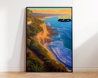 Black's Beach Poster, Cliffs Travel Poster, Torrey Pines Bluffs Wall Art, La Jolla Digital Illustration, Surf Poster, California