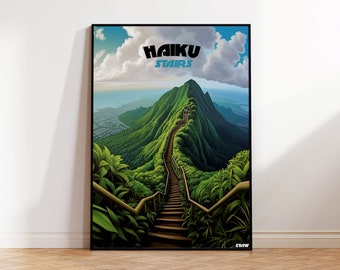 Haiku Stairs Poster, Stairway to Heaven Travel Poster, Oahu Wall Art, Lush Tropical Digital Illustration,