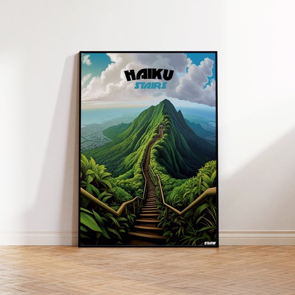 Haiku Stairs Poster, Stairway to Heaven Travel Poster, Oahu Wall Art, Lush Tropical Digital Illustration,