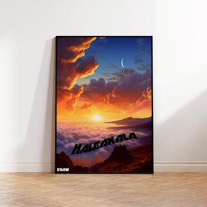 Haleakala Nationalpark Poster, Maui Vulkan Reise Poster, Wolken Wandkunst, Berg digitale Illustration,