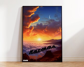 Haleakala National Park Poster, Maui Volcano Travel Poster, Clouds Wall Art, Mountain Digital Illustration,