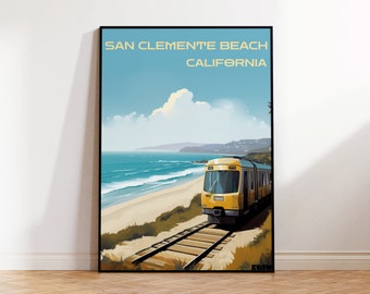 San Clemente Beach Surf Poster, Travel Poster, Train Poster, Scenic Illustration, Wall Art