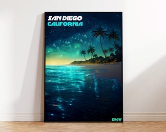 Nachtelijke San Diego Beach Poster, Bioluminescent Beach Travel Poster, Bioluminescentie Wall Art, California Beach Digitale Illustratie
