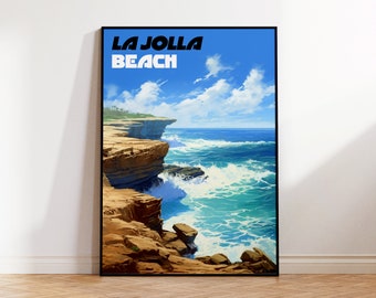 La Jolla Beach Poster, Cliffs Travel Poster, California Wall Art, Sunset Cliffs Digital Illustration, Surf Poster