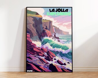 La Jolla Cliffs Beach Surf Poster, Travel Poster, Colorful Poster, Scenic Illustration, Wall Art, La Jolla Shores,