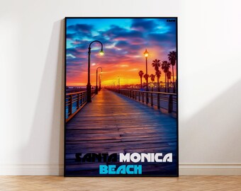 Santa Monica Poster, Beach Travel Poster, Downtown Pier Wall Art, Los Angeles Digital Illustration,
