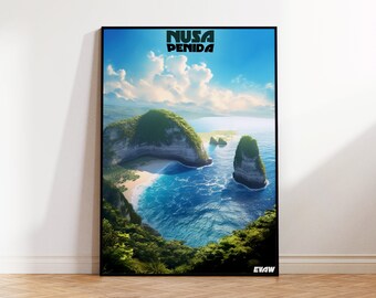 Nusa Penida Poster, Bali Travel Poster, Kelingking Beach Wall Art, Lush Tropical Island Digital Illustration,