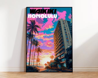 Waikiki Beach Poster, Honolulu Travel Poster, Oahu Wall Art, Sunset Hotels Digital Illustration, Surf Poster