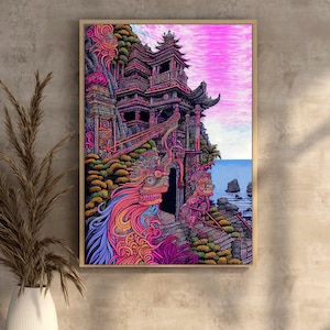 Puede incluir: Una ilustración psicodélica colorida de una estructura similar a un templo con detalles intrincados y un cielo rosa en el fondo. Dos criaturas míticas con grandes ojos expresivos se presentan a cada lado de la estructura.