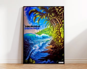 Tamarindo Beach Surf Poster, Costa Rica Surf Poster, Tropical Beach Wall Art, Tropical Jungle Beach Digital Illustration,