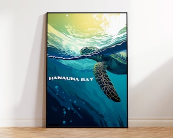 Hanauma Bay Surf Poster, Hawaii Travel Poster, Turtle Bay, Underwater, Scenic Illustration, Wall Art, Contemporary, Digital Illustration