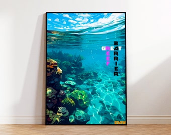 The Great Barrier Reef Poster, Australian Coral Reef Travel Poster, Queensland Wall Art, Underwater Digital Illustration, Anime