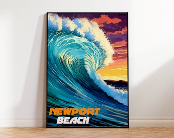 Newport Beach Poster, Orange County Travel Poster, California Wall Art, Digital Illustration, Anime Surf Poster