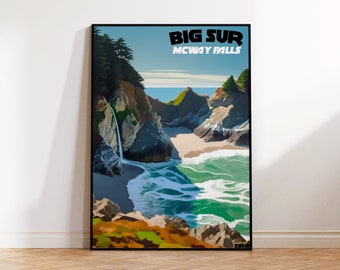 Big Sur State Park Poster, McWay Falls Travel Poster, Waterfalls Wall Art, Digital Illustration, Coastal Wall Poster, California State Park