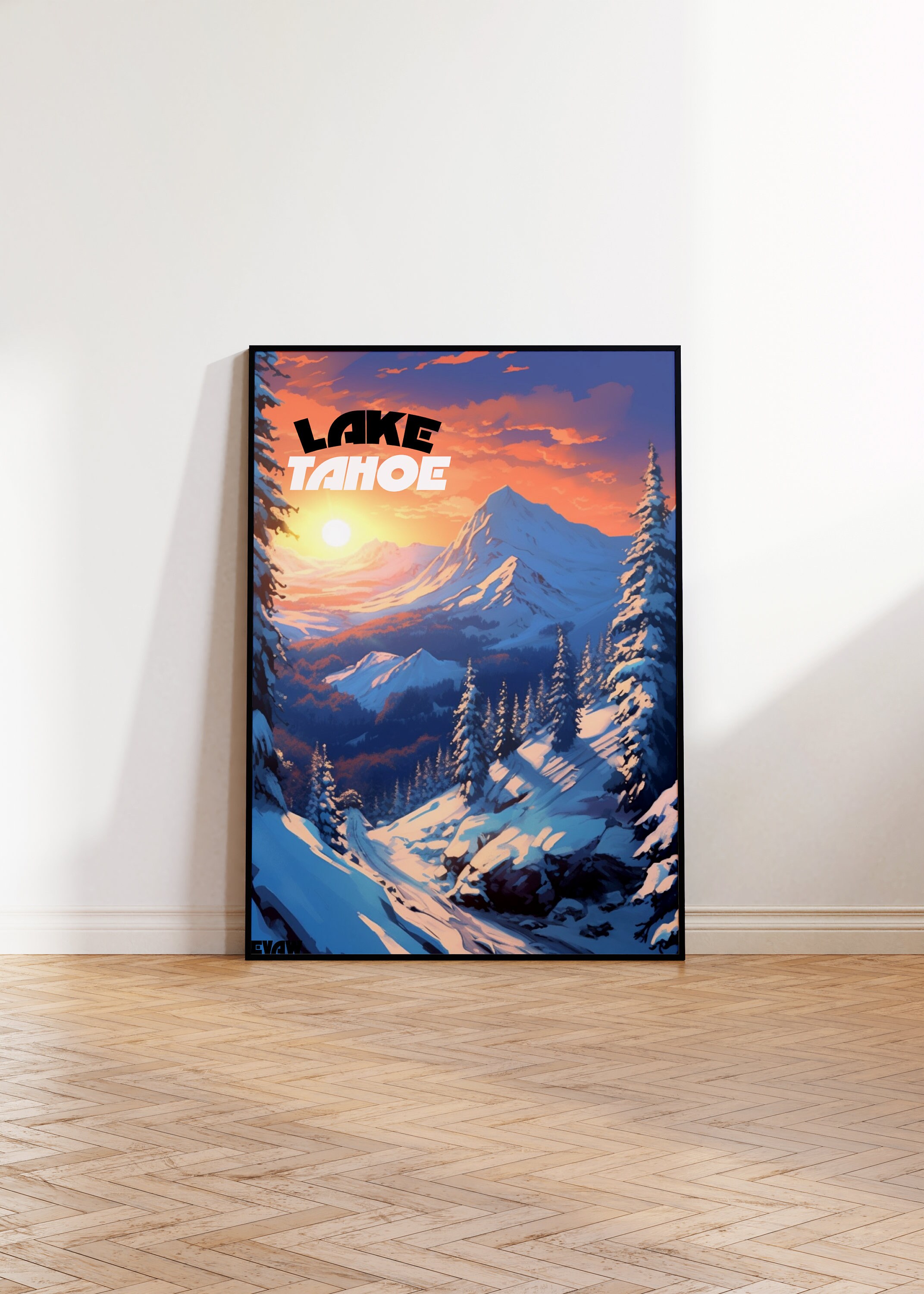 Lake Tahoe Poster, Heavenly Slopes Travel Poster, Snowy Mountains Wall Art, Digital Illustration, Snowboard Wall Poster, California