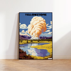 Yellowstone National Park Poster, Retro Travel Poster, Old Faithful Poster, Wall Art, Vintage Geyser,