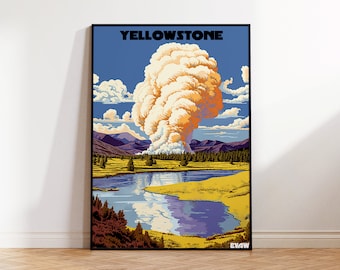 Yellowstone National Park Poster, Retro Travel Poster, Old Faithful Poster, Wall Art, Vintage Geyser,