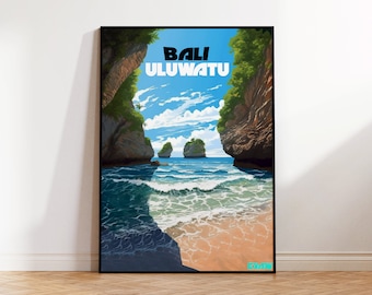 Uluwatu Beach Poster, Bali Travel Poster, Uluwatu Caves Wall Art, Indonesia Beach Digital Illustration, Surfbreak Poster