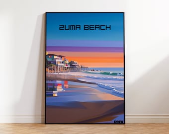 Zuma Beach Surf Poster, Travel Poster, Contemporary House, Malibu Scenic Illustration, Wall Art, Contemporary, Digital Illustration
