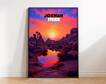 Joshua Tree Poster, Travel Poster, Desert Rocks Wall Art, Digital Illustration, Fiery Sunset Wall Decoration,