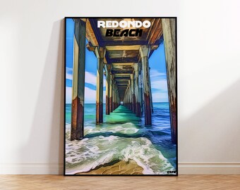Redondo Beach Poster, Beach Pier Travel Poster, Beach Waves Wall Art, Digital Illustration, Surf Poster