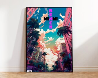 Downtown Beach Poster, Miami Beach Travel Poster, Tropical Beach Wall Art, Colorful Digital Illustration, Surf Poster
