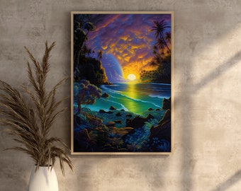 Coastal Wallart, Coastal Wallpaper, Nighttime Seascape Print, Tropical Beach Oasis, Island Wallpaper Digital Download