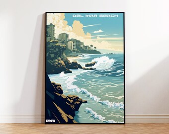 Del Mar Beach Surf Poster, Travel Poster, Beach CliffsPoster, Scenic Illustration, Wall Art, Digital Illustration