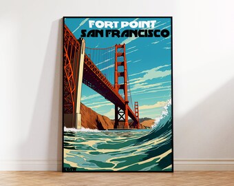 Fort Point Beach Poster, San Francisco Travel Poster, Surf Wall Art, Golden Gate Digital Illustration, Cottons, Bridge Surf, Surf Poster