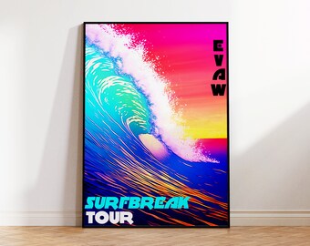 Wave Beach Poster, Ocean Travel Poster, SUrf Wall Art, Coastal Digital Illustration, Surfbreak Poster, EVAW, Surftour